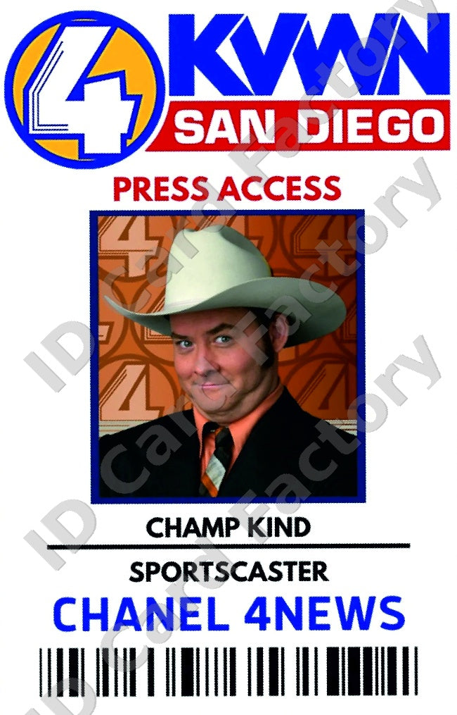 Champ Kind | Anchorman KVWN Channel 4 News Press Access ID Card | ID Card Factory