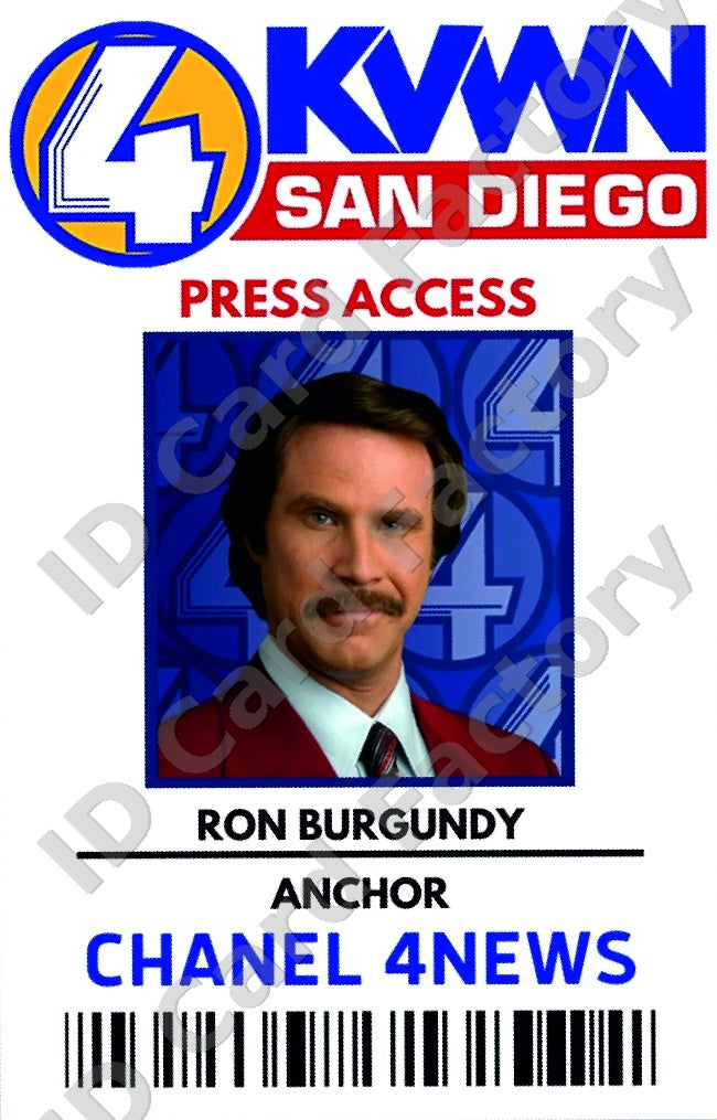 Ron Burgundy | Anchorman KVWN Channel 4 News Press Access ID Card | ID Card Factory