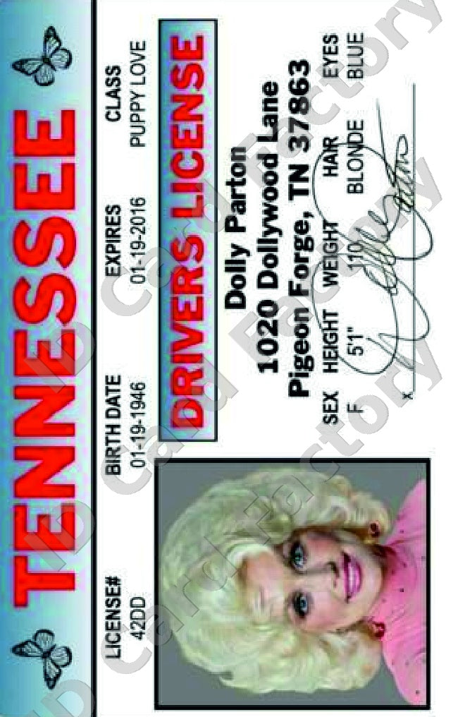 Dolly Parton Tennessee Driver's License | Novelty ID Card | ID Card Factory