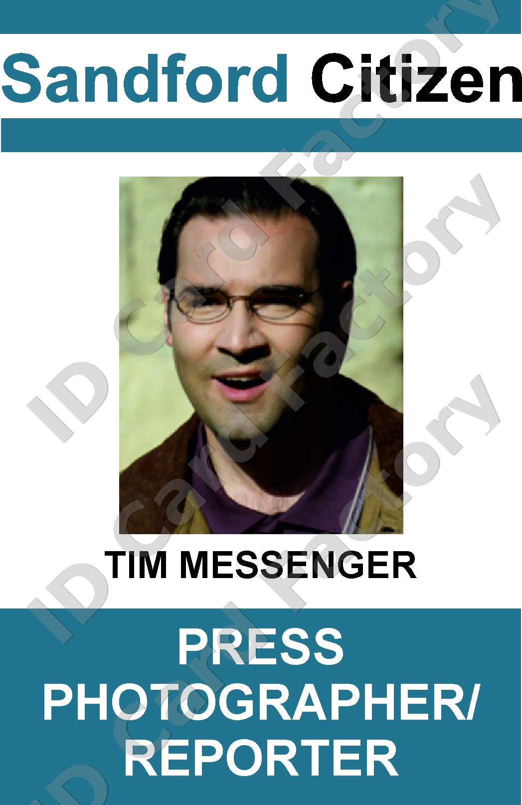 Tim Messenger | Hot Fuzz Sandford Citizen Press Pass | ID Card Factory