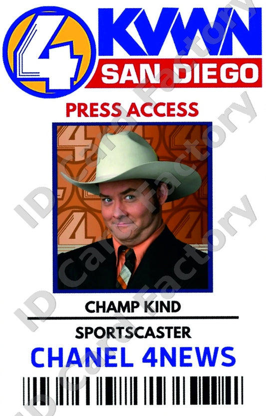 Champ Kind | Anchorman KVWN Channel 4 News Press Access ID Card | ID Card Factory