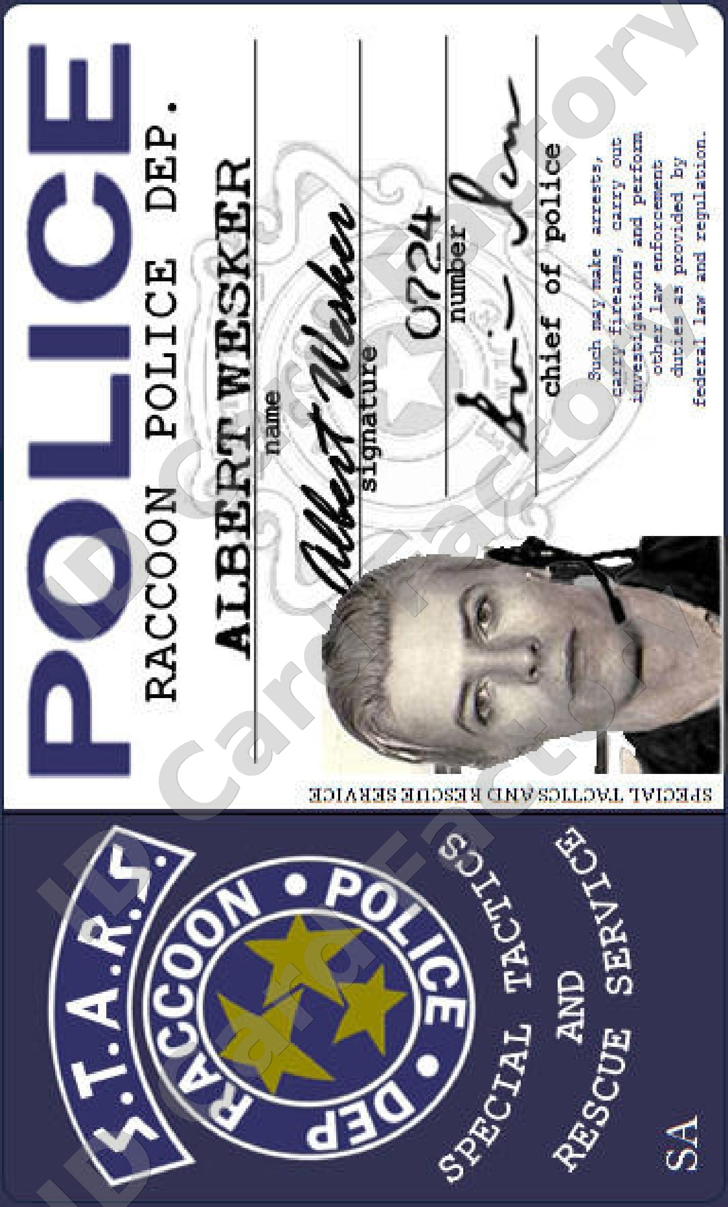 Albert Wesker Resident Evil RPD S.T.A.R.S. ID Card | ID Card Factory ...